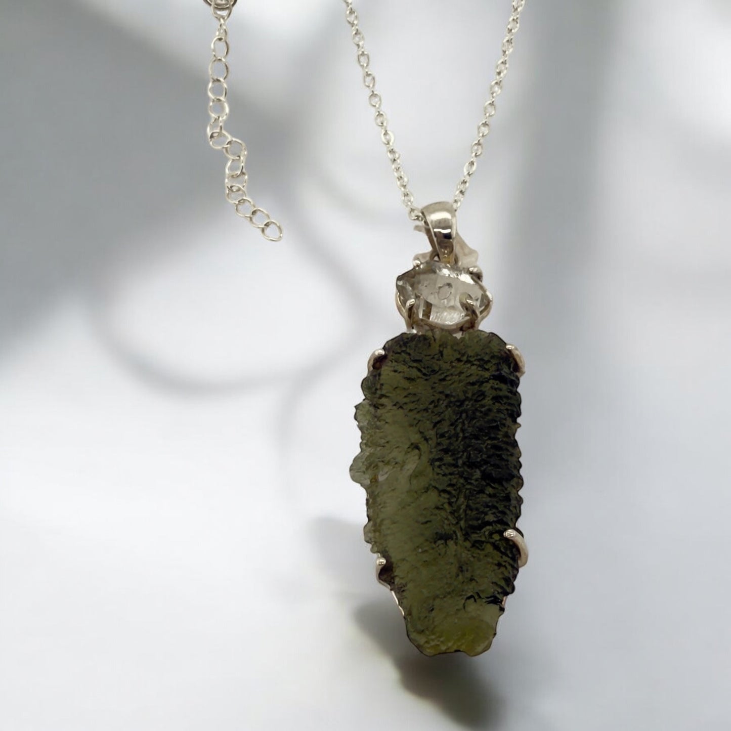 Moldavite with Herkimer Diamod pendant 925 Sterling Silver