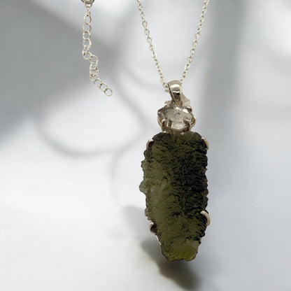 Moldavite with Herkimer Diamod pendant 925 Sterling Silver