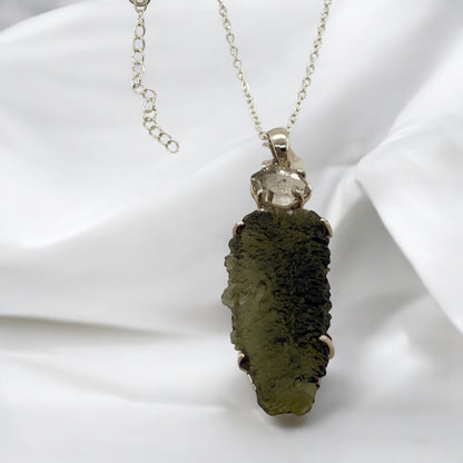 Moldavite with Herkimer Diamod pendant 925 Sterling Silver