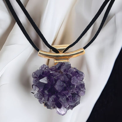 Natural Amethyst Quartz Stone Pendant Necklace, Velvet Cord.