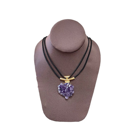 Natural Amethyst Quartz Stone Pendant Necklace, Velvet Cord.